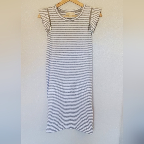 Michael Kors Gray & White Striped Cotton Flutter  Ruffle Sleeves Casual Dress - Picture 2 of 9